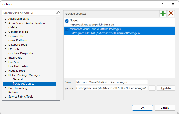 Screenshot showing updated nutget package sources in Visual Studio 2022