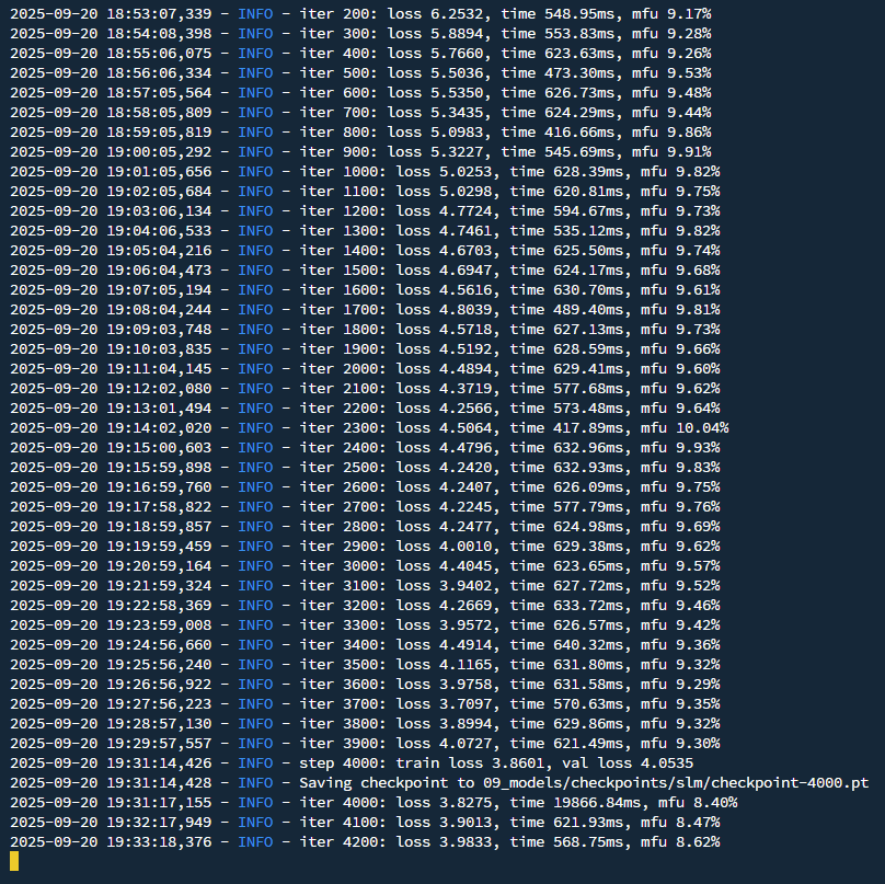 Console training logs showing iteration, loss, step time, and MFU with checkpoint saves