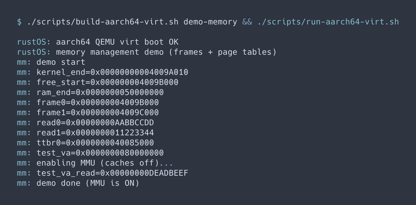 Memory demo: kernel boots, allocates frames, builds page tables, enables the MMU, and reads back through a translated virtual address