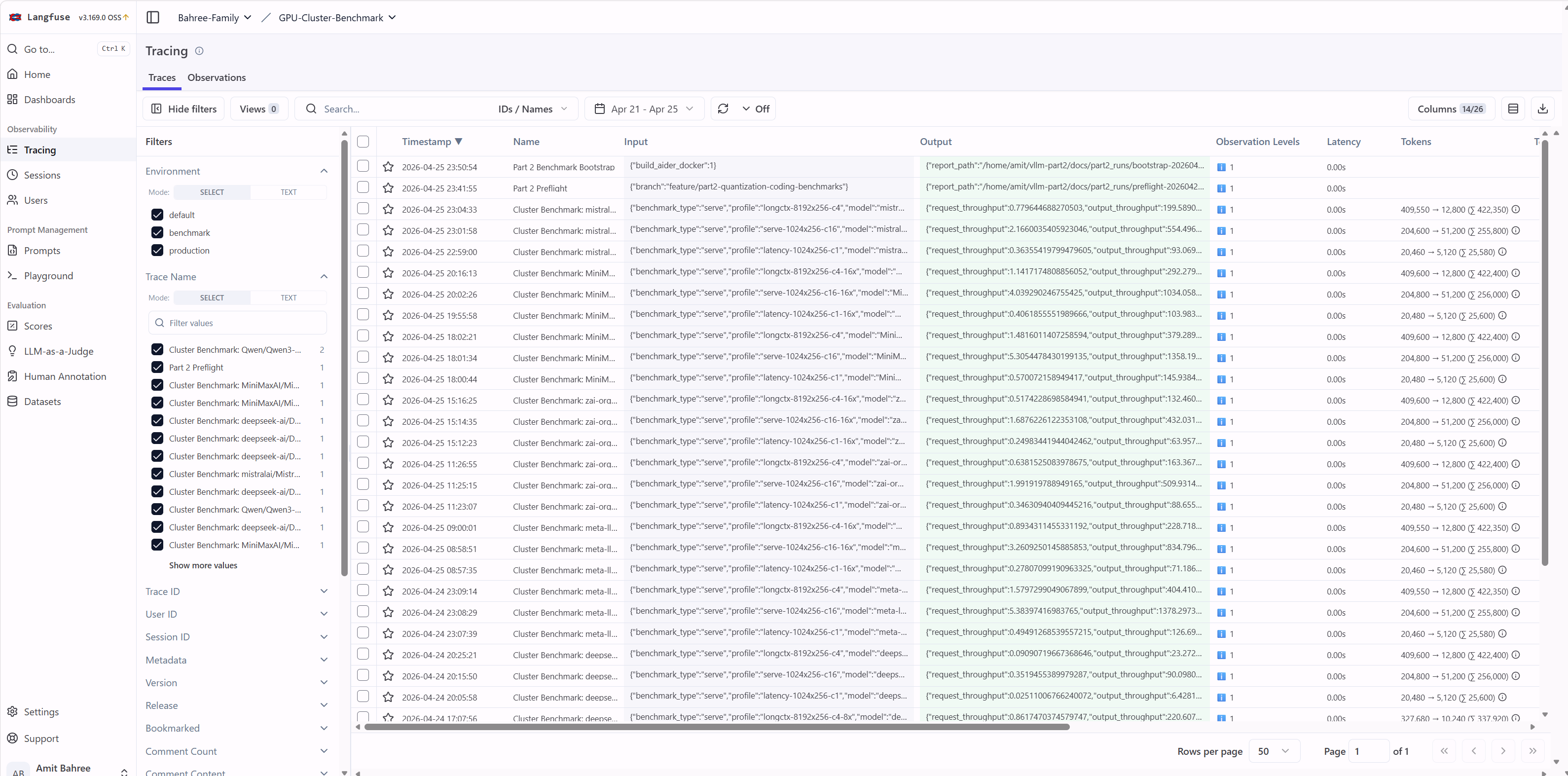 Langfuse trace view showing cluster benchmark runs across all models