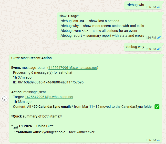 /debug why showing the most recent action with its triggering WhatsApp message and tool call chain