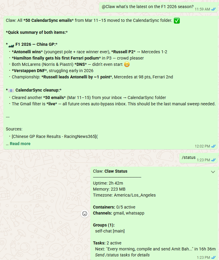 /status output showing uptime, an active container processing an F1 query, WhatsApp channel, and 2 active cron tasks