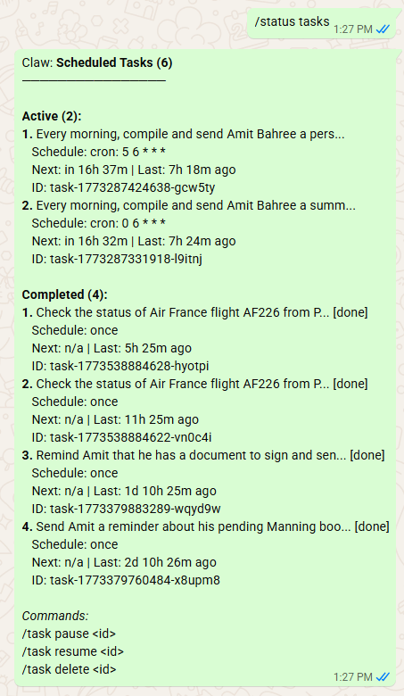 /status tasks showing daily morning briefing with F1 standings, AI news digest, and completed flight tracking tasks